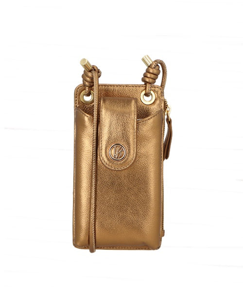 Bolsa Pequena Porta-Celular em Couro Metalizado Ouro