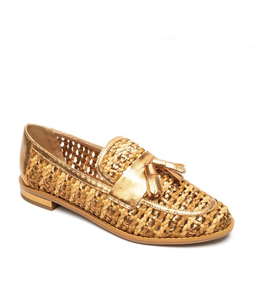 Mocassim Couro Dourado Tramado
