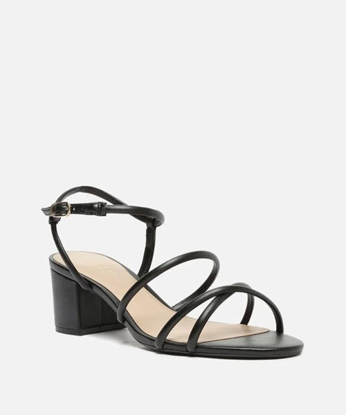 Sandália Preta Salto Médio Bloco Tiras Fivela