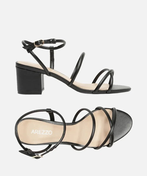 Sandália Preta Salto Médio Bloco Tiras Fivela