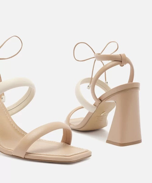 Sandália Nude Salto Bloco Flare Rosa -