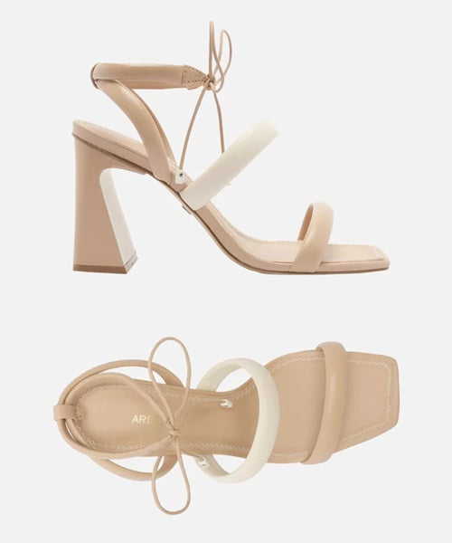 Sandália Nude Salto Bloco Flare Rosa -