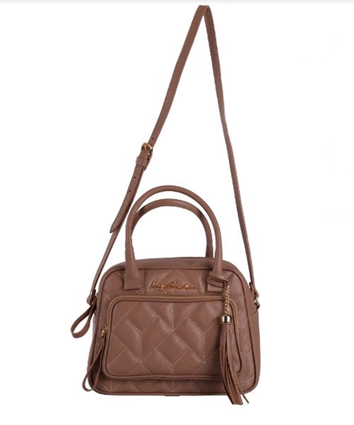 Bolsa Matelassê com Bolsa Frontal em Couro Nude Média
