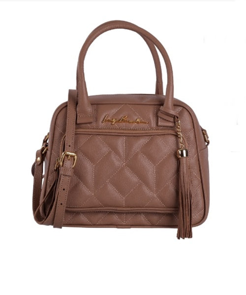 Bolsa Matelassê com Bolsa Frontal em Couro Nude Média