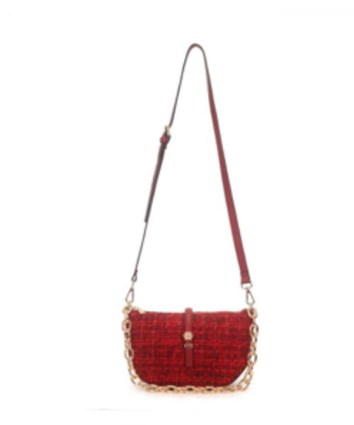 Bolsa Transversal Média Tweed com Alça Corrente Vermelho