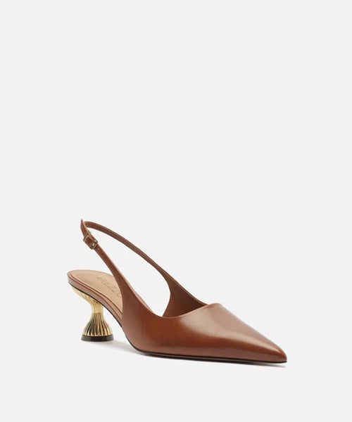 Scarpin Marrom Couro Salto Geométrico Slingback