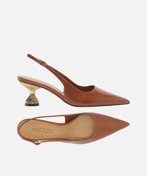 Scarpin Marrom Couro Salto Geométrico Slingback