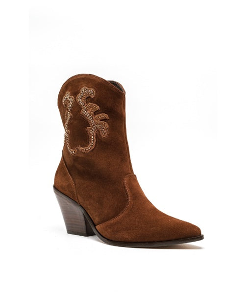 -Bota Cano Curto Camurça Coffee Bordada - Maithë