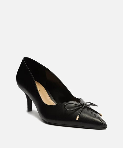 Scarpin Preto Couro Salto Médio Fino Laço