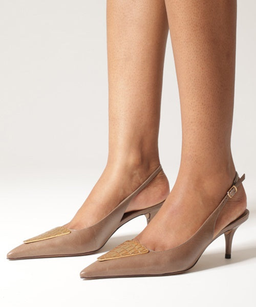 Scarpin Grey Couro Slingback Metal