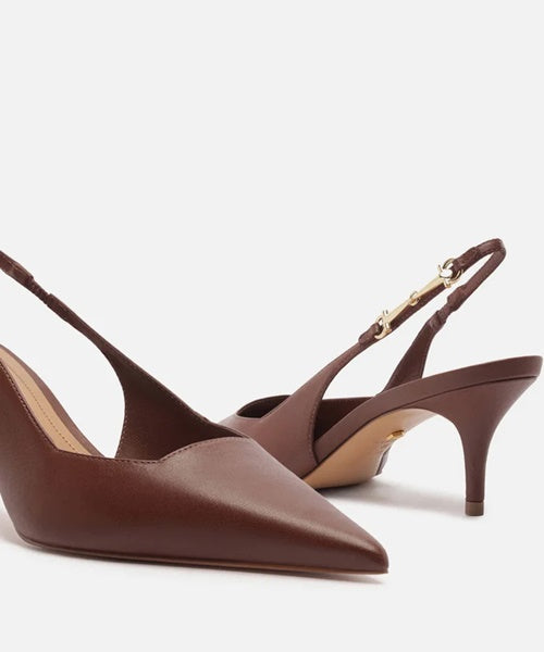 Scarpin Marrom Couro Slingback Metal