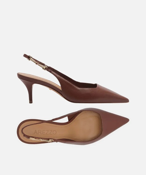 Scarpin Marrom Couro Slingback Metal