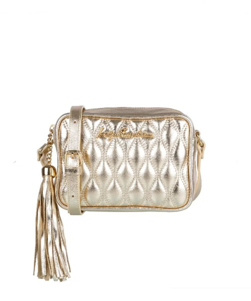 Bolsa Clássica em Couro Metalizado Dourado e Alça Regulável Pequena
