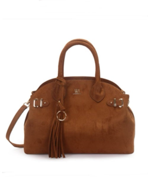 Bolsa Satchel Suede com Chaveiro Caramelo