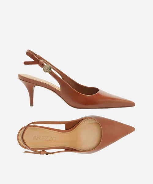 Scarpin Marrom Couro Slingback Metal Heritage