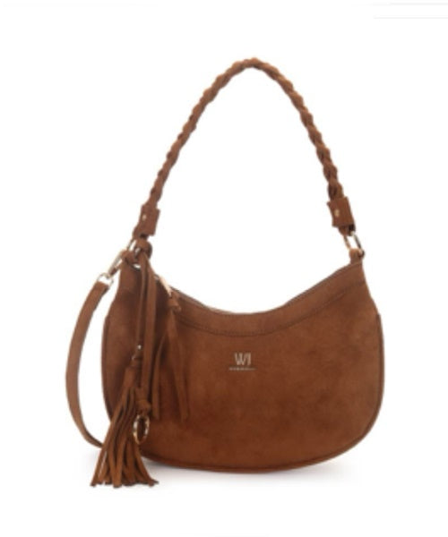 Bolsa Transversal Média Suede com Franjas Caramelo