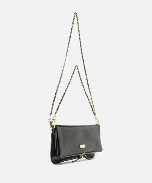 Bolsa Tiracolo Preta Couro Média Dobrável