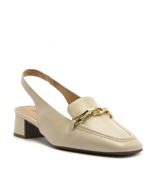 Mocassim Slingback Salto Bloco Corrente Branca