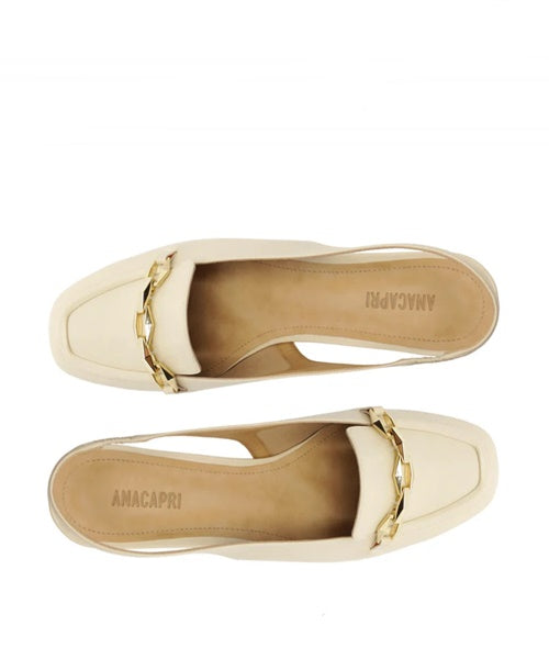 Mocassim Slingback Salto Bloco Corrente Branca