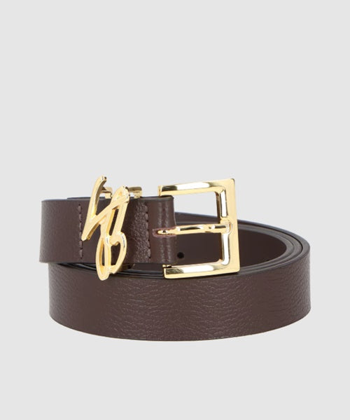 Cinto em Couro Café com Logo LB Dourado
