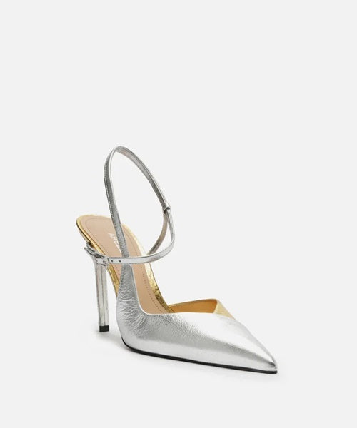 Scarpin Prateado Salto Alto Slingback Cruzado