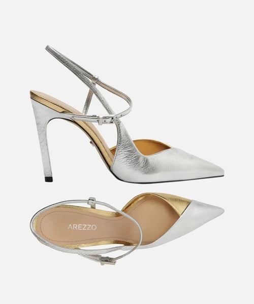 Scarpin Prateado Salto Alto Slingback Cruzado