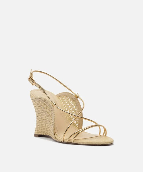 Sandália Dourada Ráfia Anabela Curvo Tiras Finas