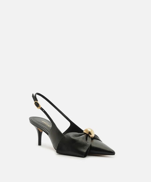 Scarpin Preto Couro Slingback Laço Metal