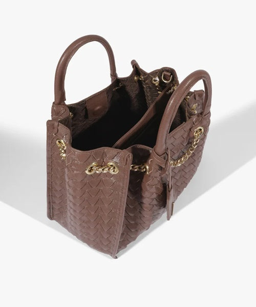 Bolsa Grande Tote Marrom Couro Tressê Metais
