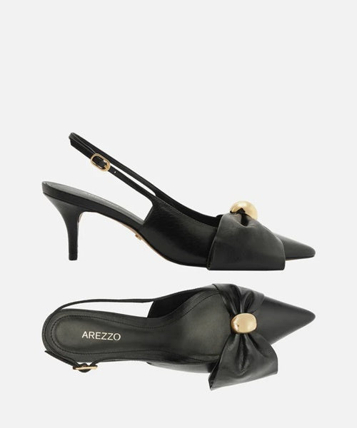 Scarpin Preto Couro Slingback Laço Metal