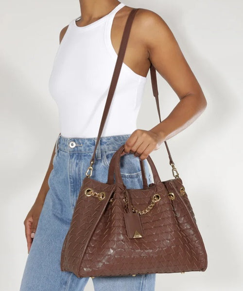 Bolsa Grande Tote Marrom Couro Tressê Metais