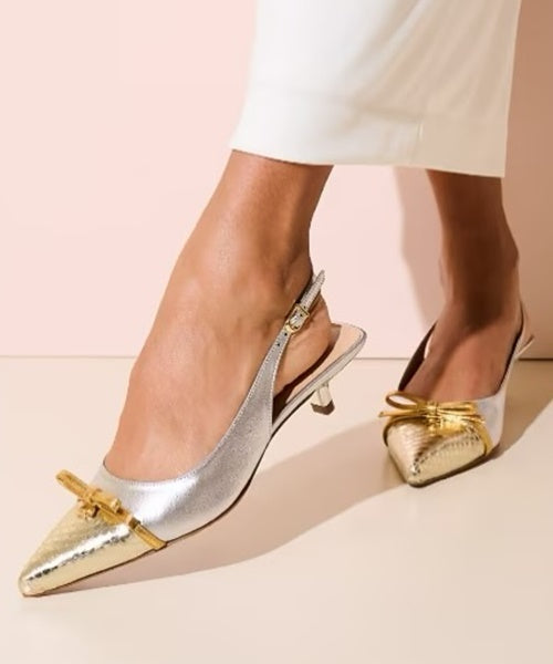 Scarpin Slingback em Couro Prata com Ouro Caliandra