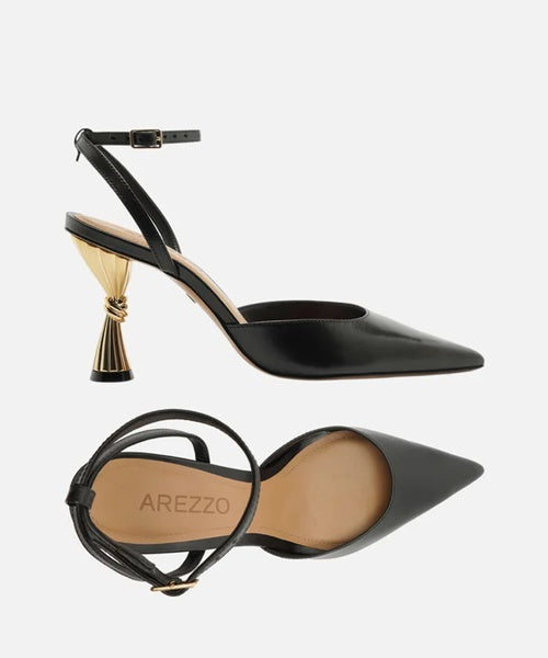 Scarpin Preto Couro Salto Geométrico Slingback