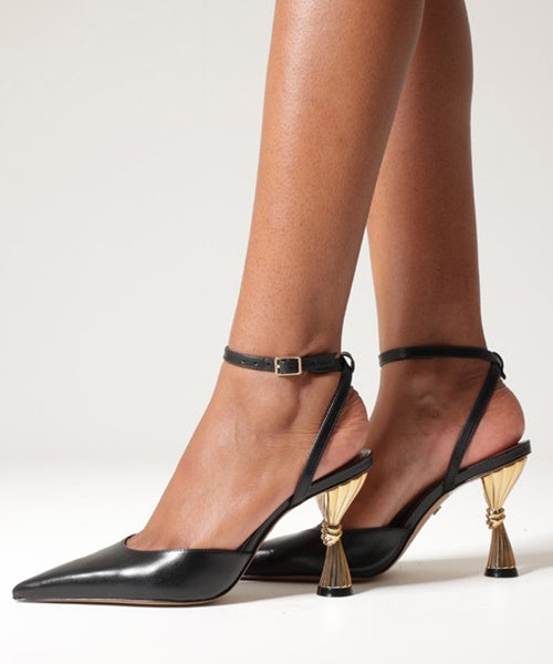 Scarpin Preto Couro Salto Geométrico Slingback