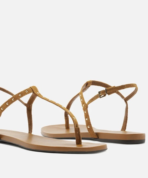 Sandália Rasteira Caramelo Camurça Slim Rebites -