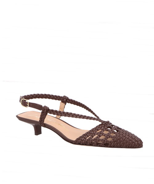 Scarpin Slingback Coffee cm Salto Baixo e Tira Central -