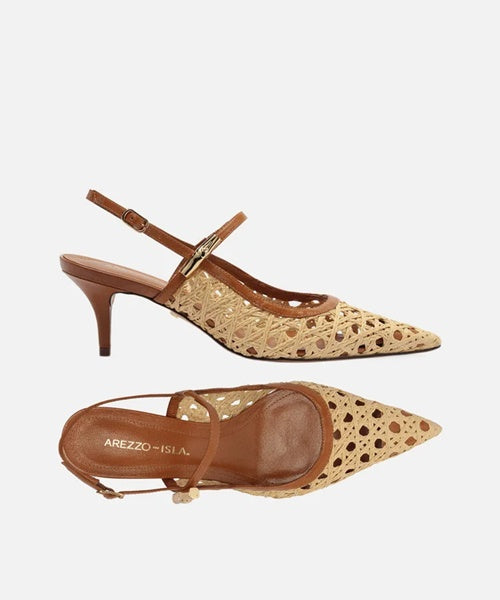Scarpin Marrom Couro Palha Sextavada Salto Kitten -