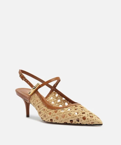 Scarpin Marrom Couro Palha Sextavada Salto Kitten -