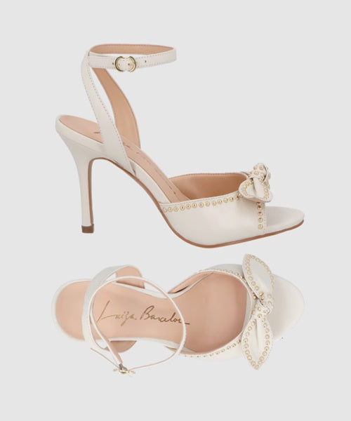 Sandália Salto Alto Fino em Couro Off White com Laço