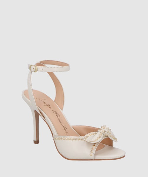 Sandália Salto Alto Fino em Couro Off White com Laço