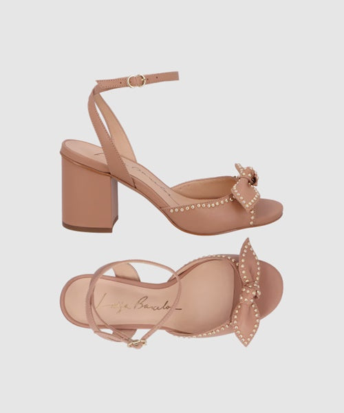 Sandália com Salto Bloco Médio em Couro Bege Blush com Laço