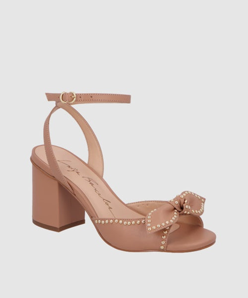 Sandália com Salto Bloco Médio em Couro Bege Blush com Laço