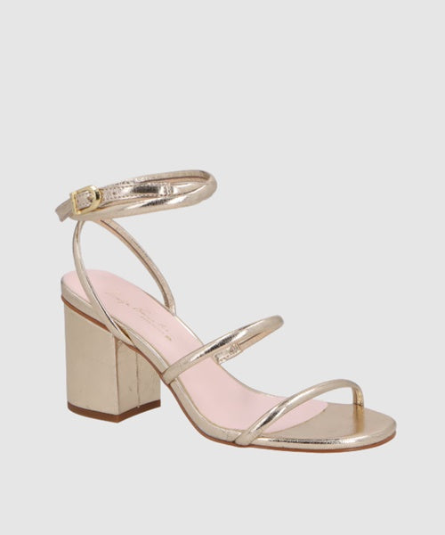 Sandália Salto Médio em Metalizado Dourado de Tiras Finas