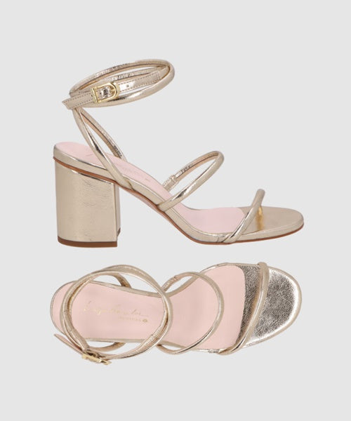 Sandália Salto Médio em Metalizado Dourado de Tiras Finas