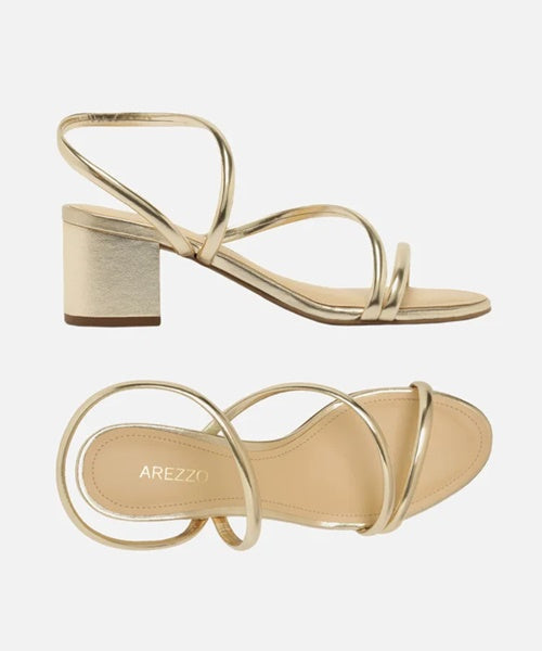 Sandália Dourada Salto Bloco Tira Curva