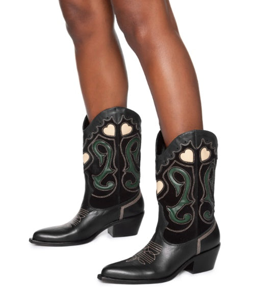 Bota Cowboy Bordada em Couro Preto Camurça Preto