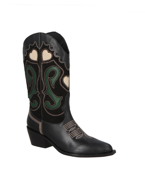 Bota Cowboy Bordada em Couro Preto Camurça Preto