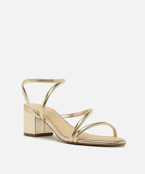 Sandália Dourada Salto Bloco Tira Curva