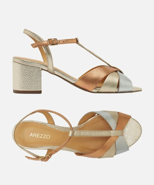 Sandália Dourada Salto Bloco Médio