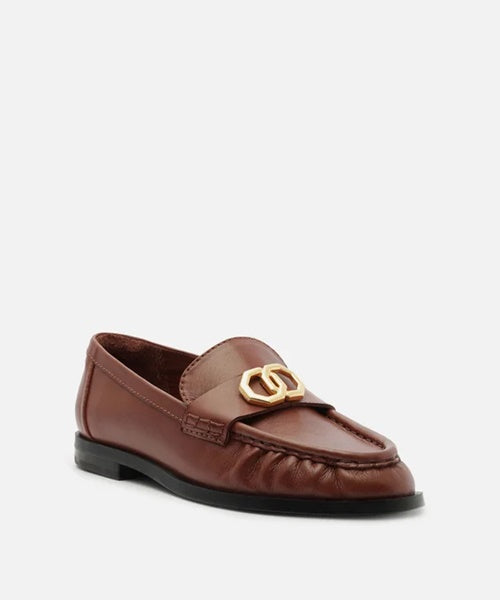 Mocassim Marrom Couro Franzido Tira Metal